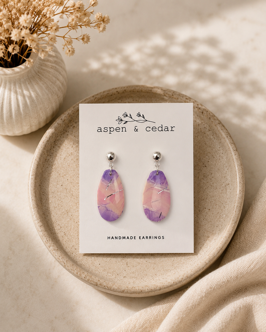 Hand Painted Drop Dangles - Pink and Purple