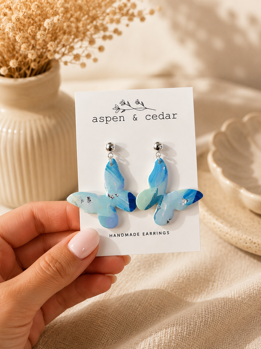 Hand Painted Butterfly Dangles - Blue
