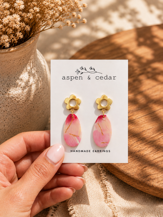 Hand Painted Flower Drop Dangles - Pink