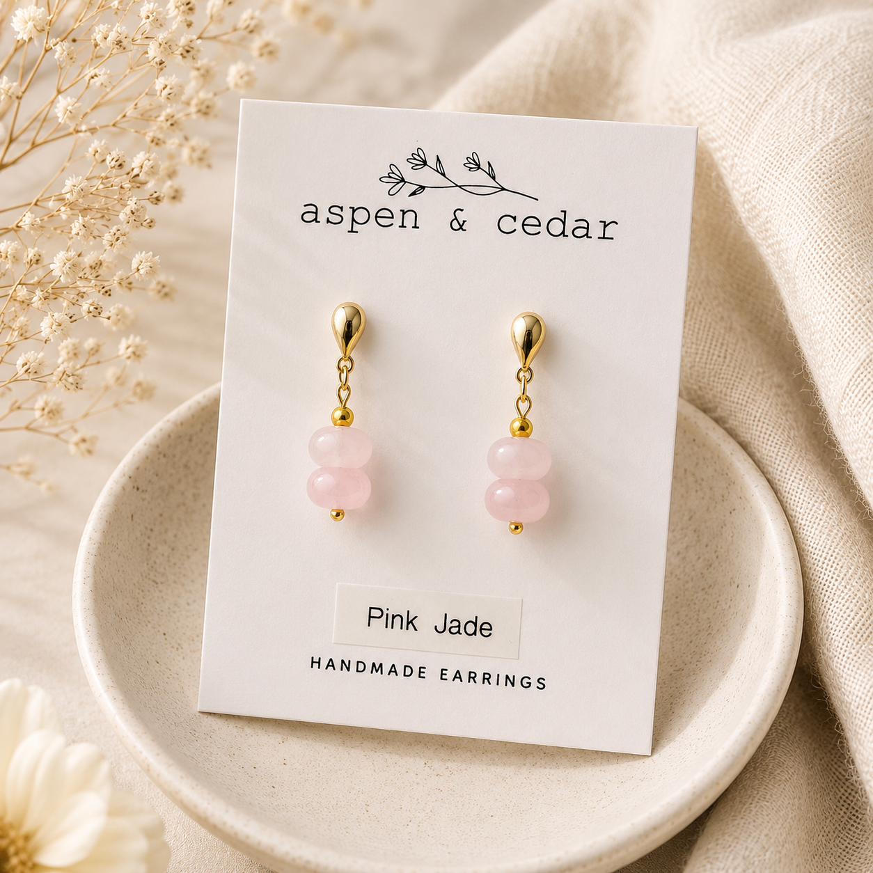 Tear Drop 18k Gold Pink Jade Gemstone Earrings