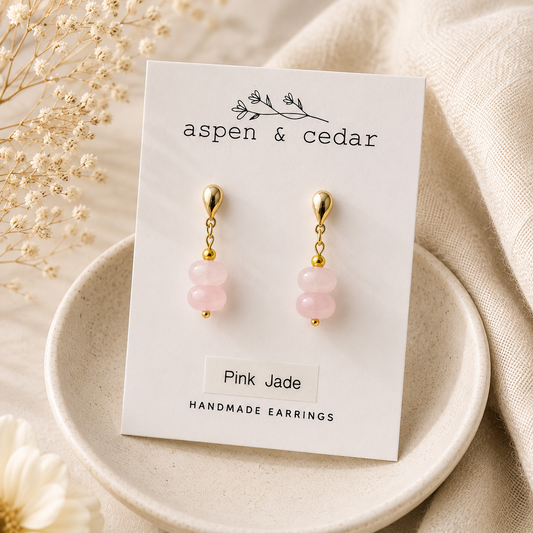 Tear Drop 18k Gold Pink Jade Gemstone Earrings